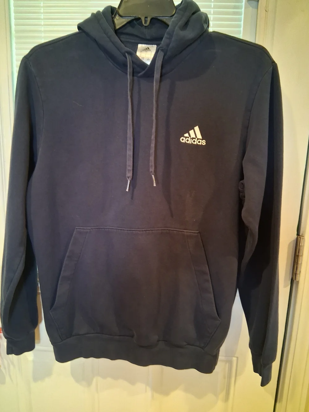 sku76 Authentic Adidas Navy Blue Pullover Fleece Hoodie with Small Chest Logo